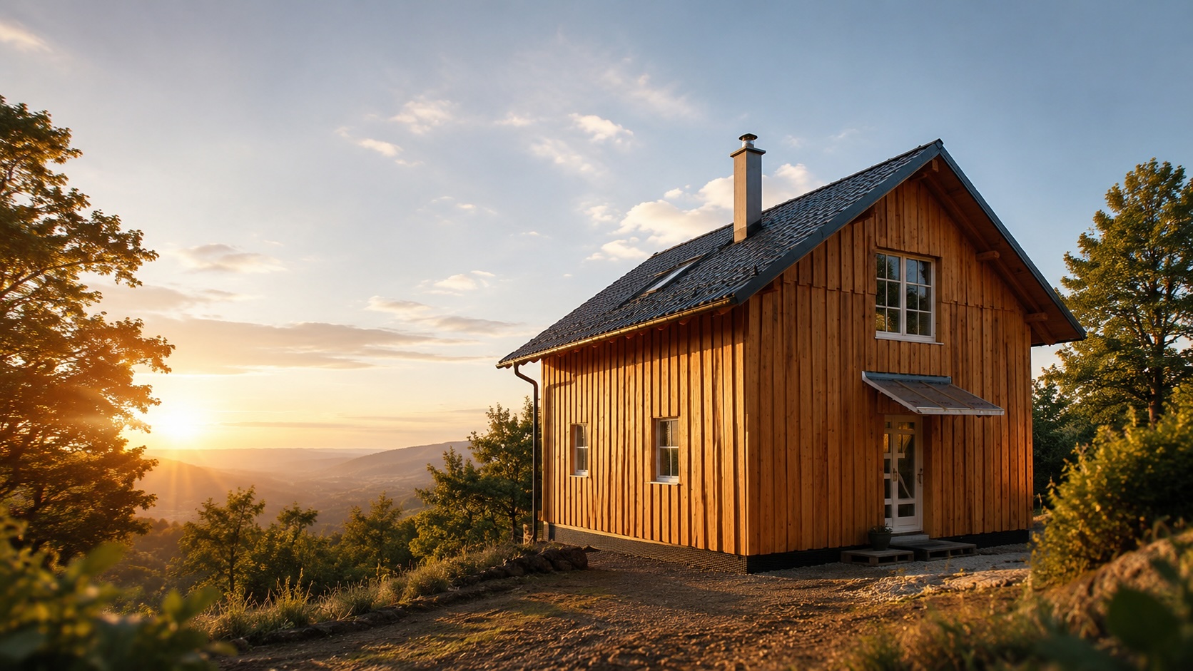 Timber house exterior with mountain backdrop at golden hour